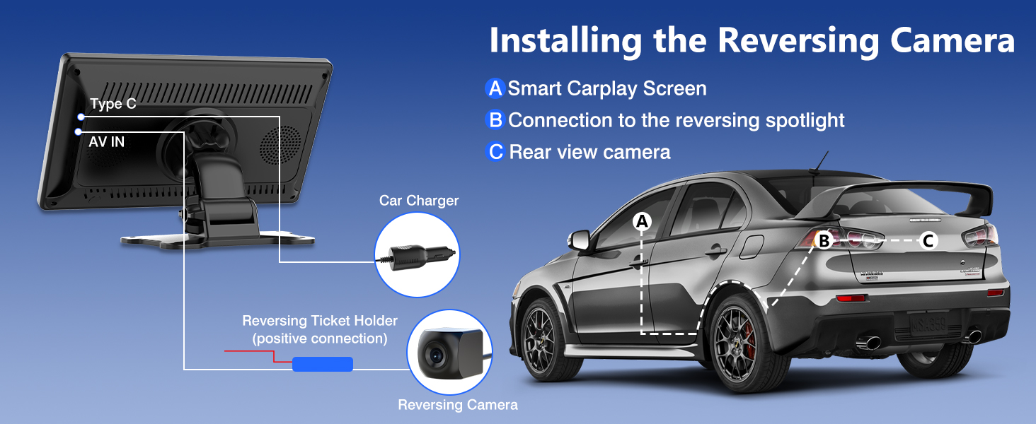 Text reads 'Installing the Reversing Camera'. Multiple panels showing installation process of a car backup camera system with monitor display and vehicle rear view.