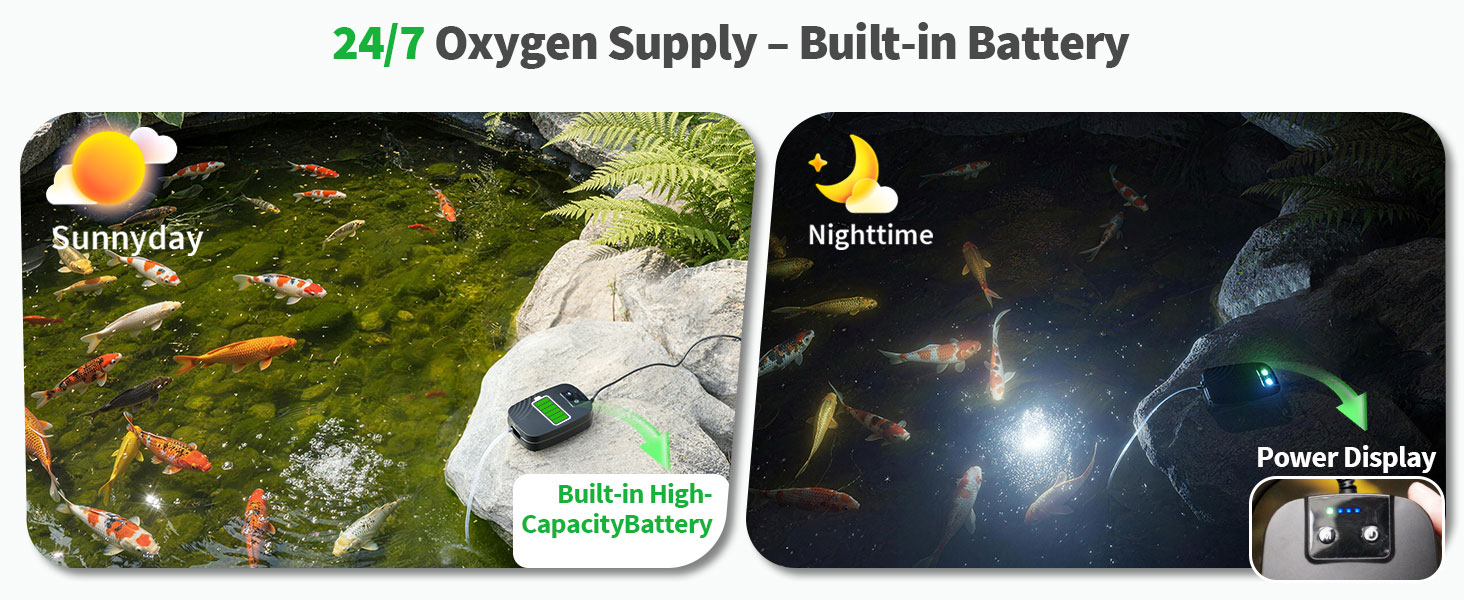 Text reads '24/7 Oxygen Supply - Built-in battery'. Marketing image showing dark background with illuminated elements suggesting aquatic or plant environment.