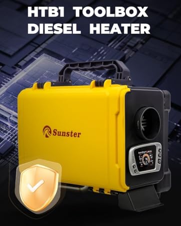 Text reads 'HTB1 TOOLBOX' and 'DIESEL HEATER'. Yellow portable heater unit shown from multiple angles against dark background.