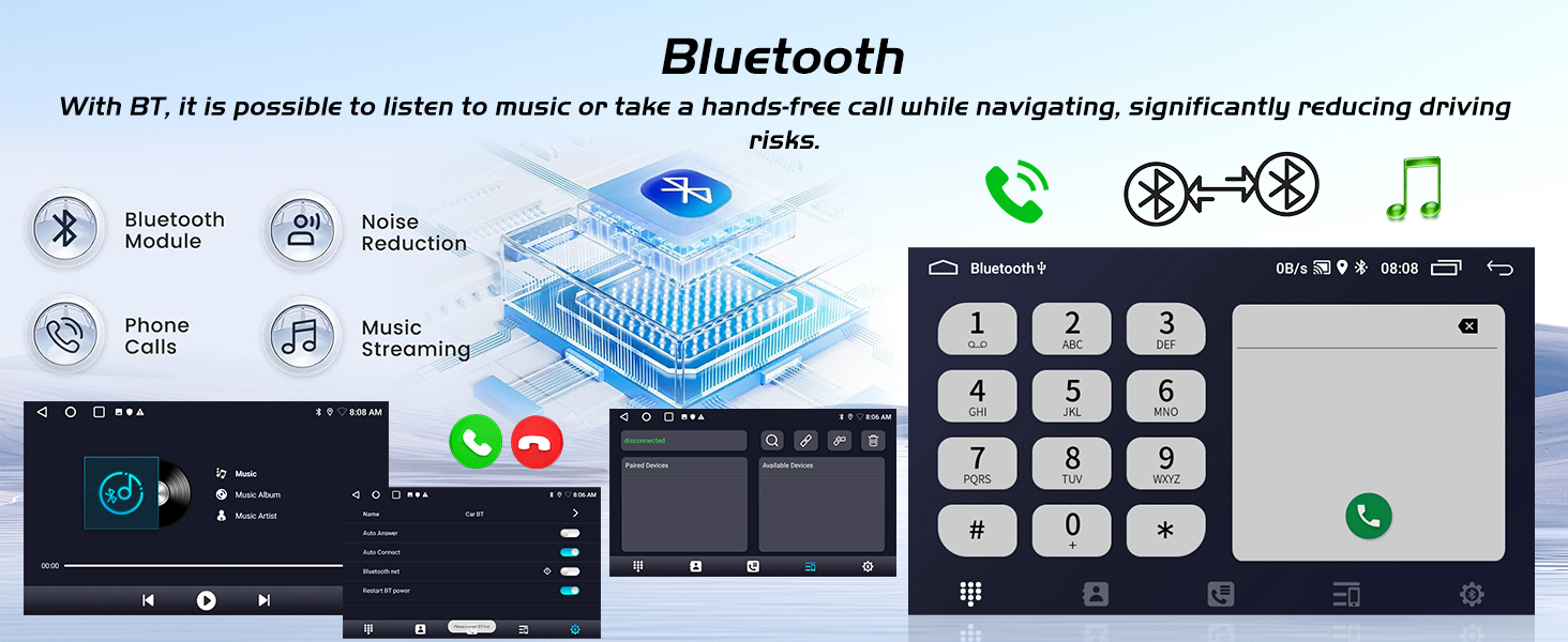 Text reads 'Bluetooth'. Interface screenshots showing various menu options and controls for a digital device or application, including icons for calls and music.