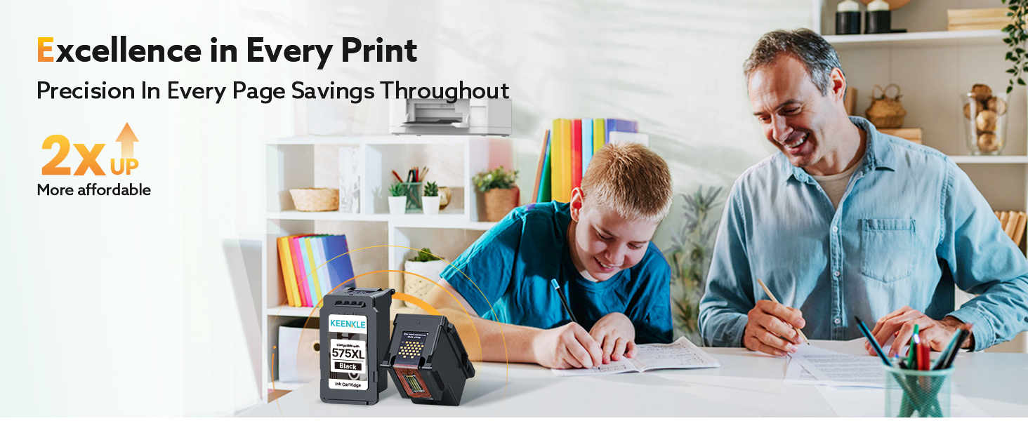 Text reads 'Excellence in Every Print' and 'Precision in Every Page Saves Time and Money'. Family of three using printing device at table with colorful printed materials displayed.