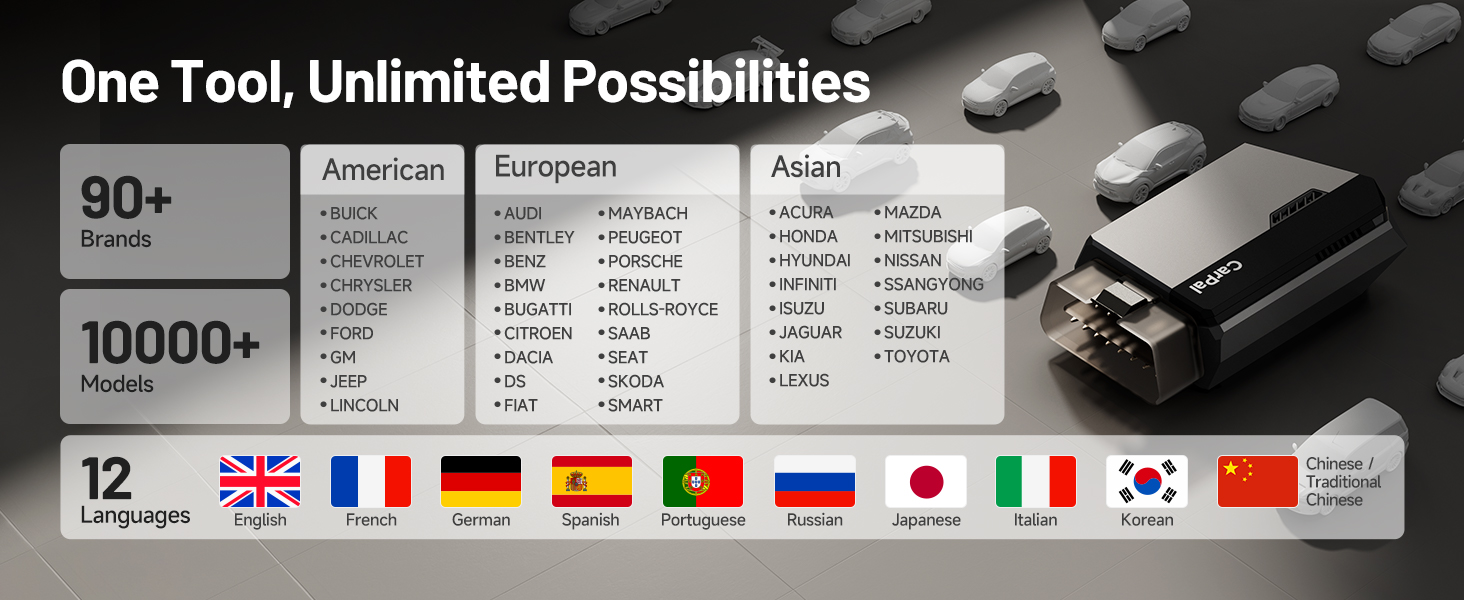 Product compatibility chart showing language support across American, European, and Asian regions with 90+ features and 12 language flags displayed.