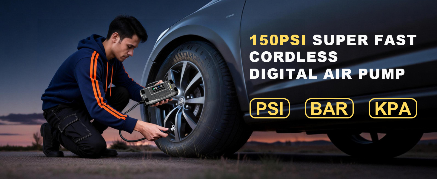 Text reads '150PSI SUPER FAST CORDLESS' and 'DIGITAL AIR PUMP'. Night scene showing camping or outdoor equipment with technical specifications overlay.