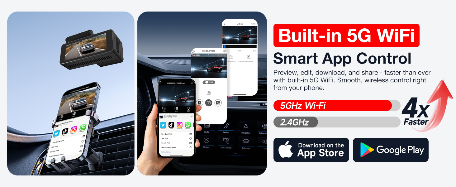 Text reads 'Built-in 5G WiFi' and 'Smart App Control'. Mobile app interface screenshots with app store icons for Apple App Store and Google Play Store. Shows 4x zoom capability.