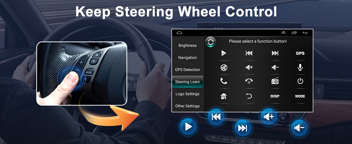Car infotainment system interface with steering wheel controls. Shows media playback options, GPS, and volume controls. Finger pressing steering wheel button, indicating retained control while driving.
