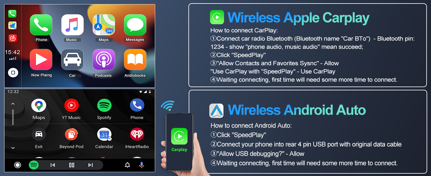 Car infotainment system interface showcasing Wireless Apple Carplay and Android Auto connectivity options with colorful app icons.