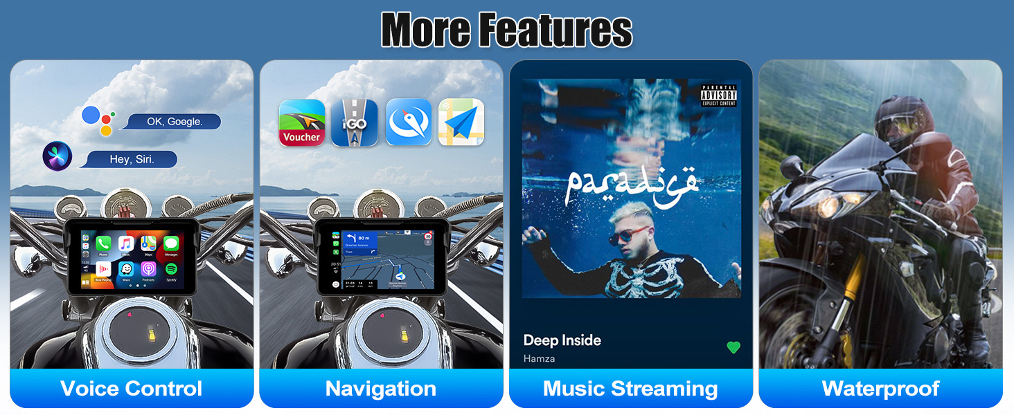 Series of interface or feature screenshots showing various entertainment or media player functions with blue-tinted imagery.