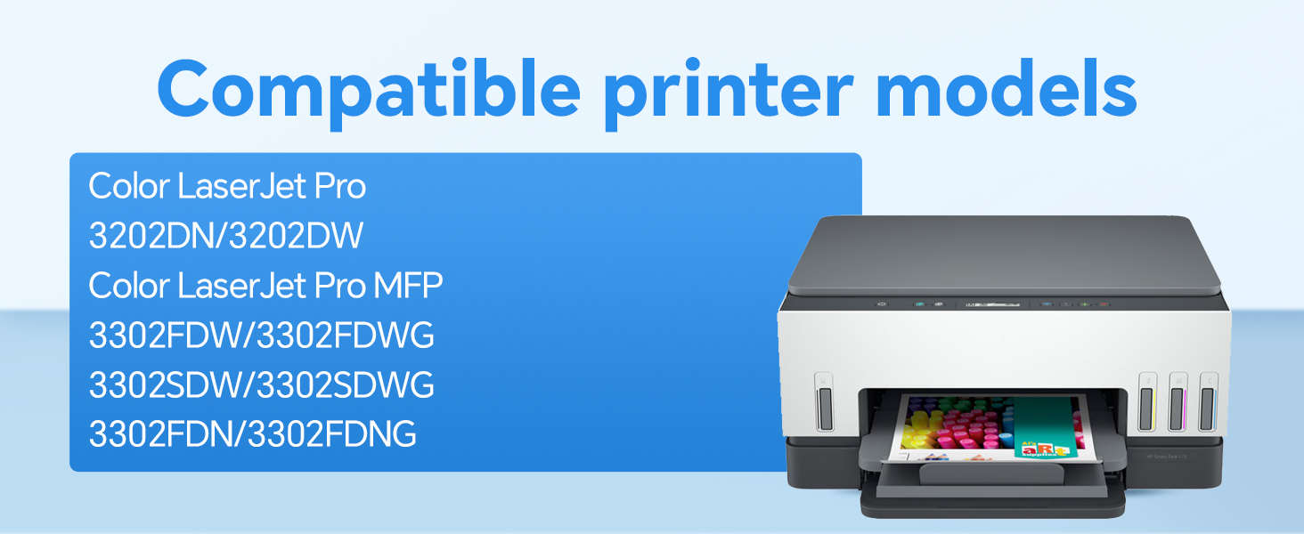 Text reads 'High page yield', 'BLACK 3200 pages', 'COLOR 2500 pages', 'Page size 80 to 216mm'. Printer specifications displayed with stacked paper sheets showing high-volume output capability.