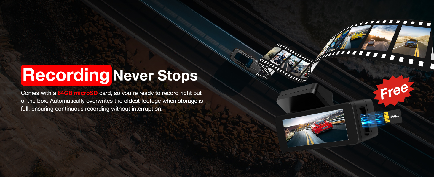Text reads 'Recording Never Stops'. Dark-themed promotional banner showing video recording or surveillance equipment interface.