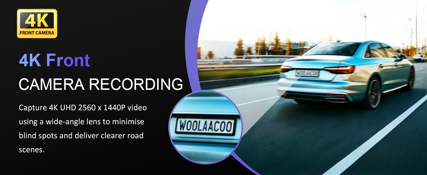 Text reads '4K Front CAMERA RECORDING'. Blue car driving on road with dashboard camera interface overlay showing recording status