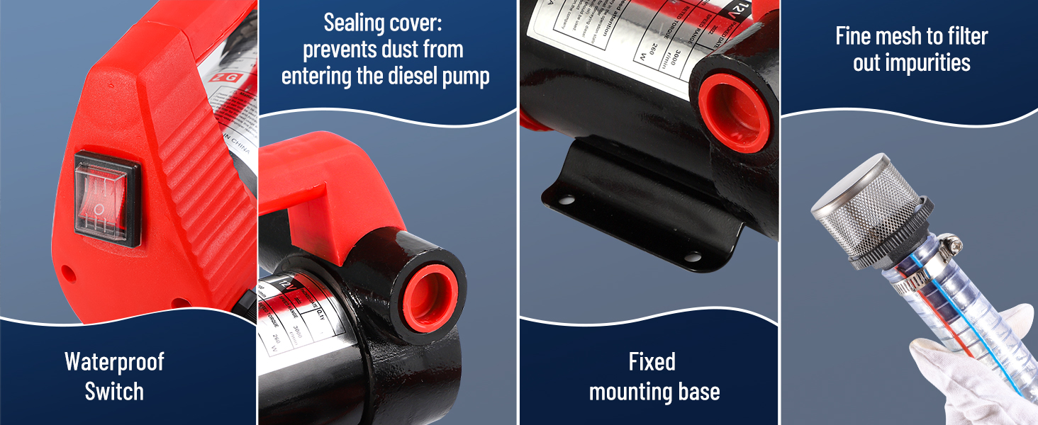 Red fuel transfer pump features highlighted: waterproof switch, sealing cover to prevent dirt, fine mesh filter, and fixed mounting base for secure installation.