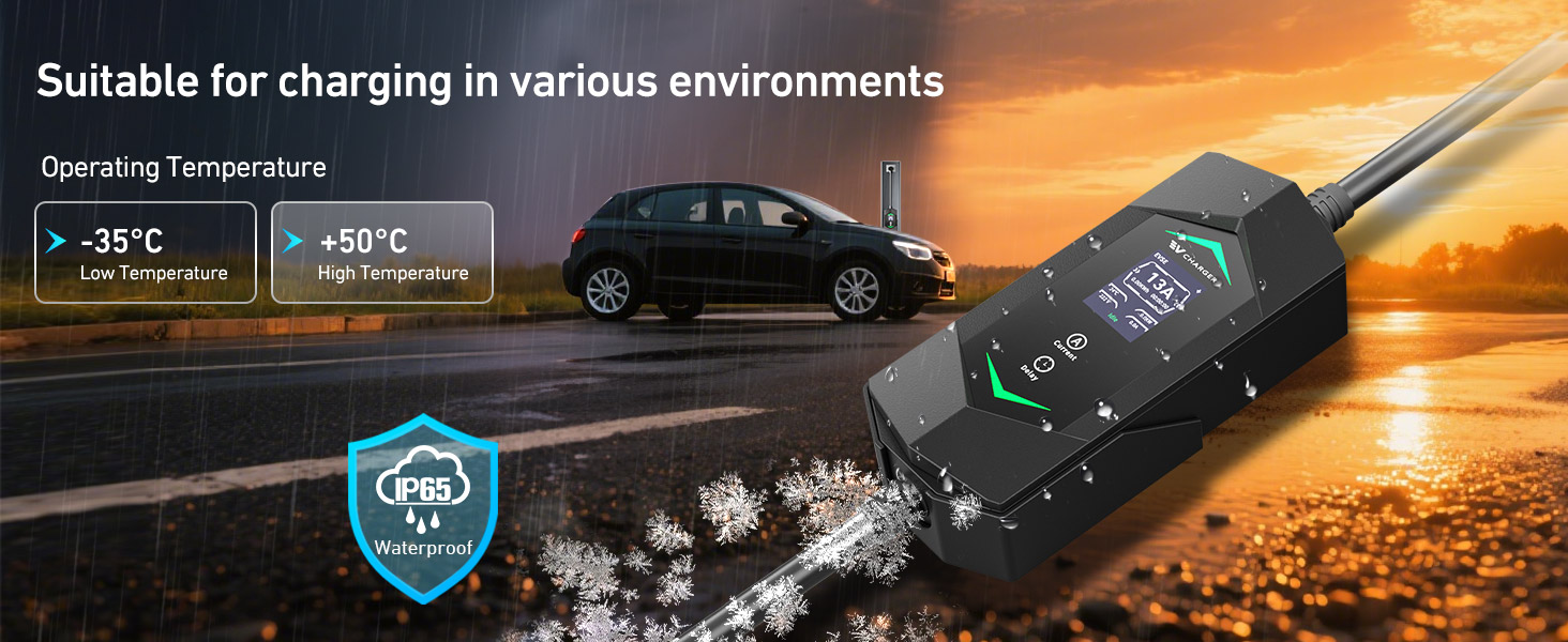 Text reads 'Suitable for charging in various environments'. Marketing image showing car charger device against sunset background with temperature specifications and waterproof icon.