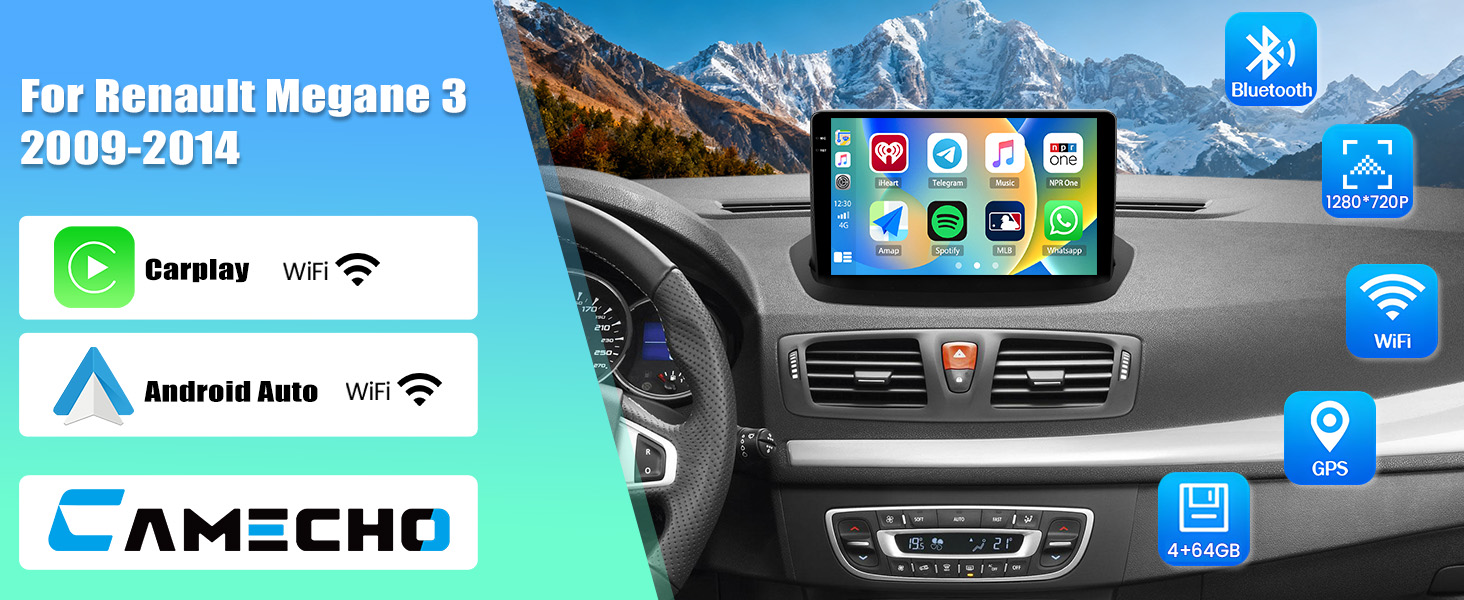 Text reads 'CAMECHO' and '2009-2014'. Car stereo system interface showing smartphone connectivity options with Bluetooth, WiFi, and navigation icons against vehicle dashboard background.