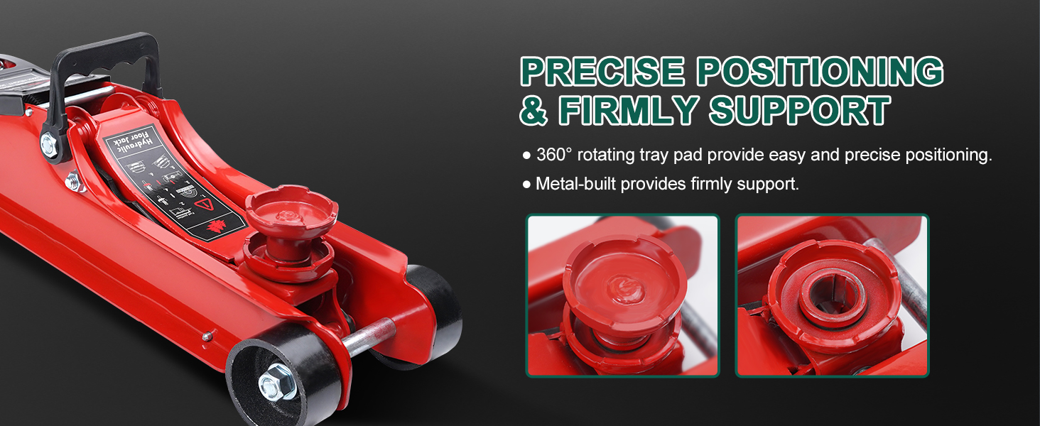 Text reads 'PUSHING PLATFORM & DRAIN PASSAGE'. Shows close-up of red hydraulic floor jack with detailed view of pushing platform components.