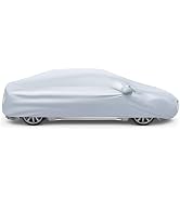 Collection of images showing silver/gray car covers or vehicle protection sheets from different angles, demonstrating full-body coverage for various vehicle sizes.