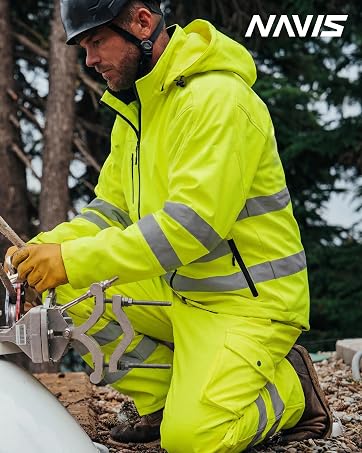 Multiple views of black coveralls or work suit with high-visibility yellow accents, showing front, back, and side angles of the full-body garment.