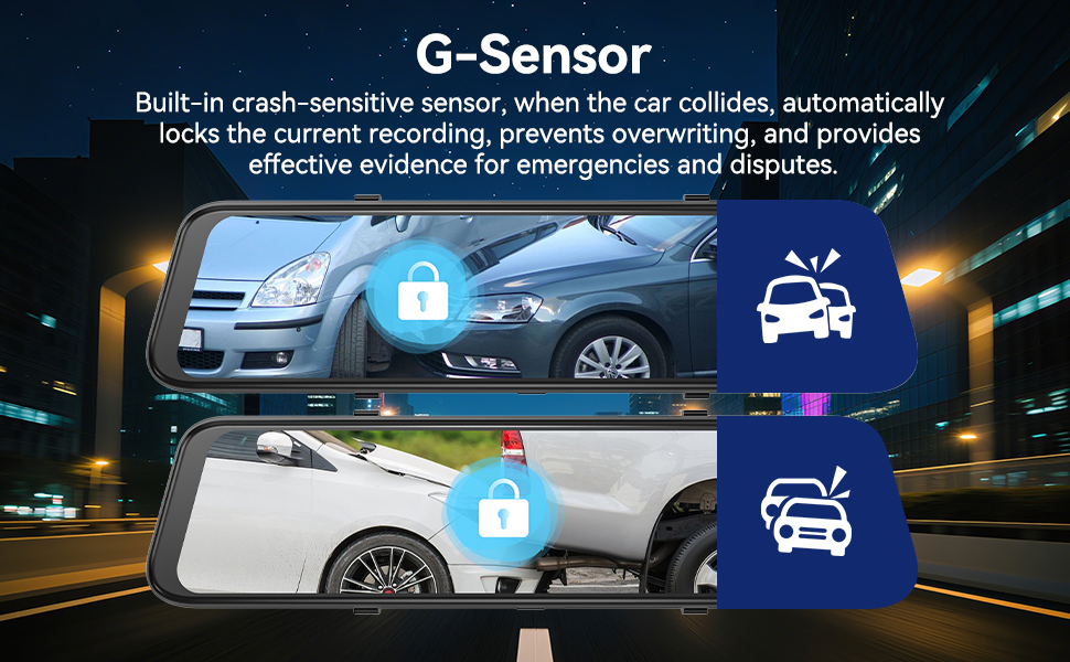 Text reads 'Loop Recording'. Dashboard camera interface showing vehicle recording features with '4K' and 'WQHD' quality options visible.