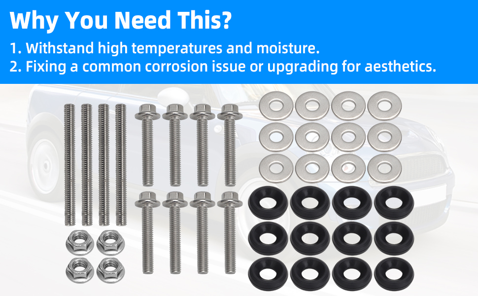 Text reads 'Product specifications: TYPE: ROCKER COVER BOLT KIT/VALVE, MATERIAL: M6 X 54MM STAINLESS STEEL, COLOR: NATURAL STAINLESS STEEL, FINISH: SILVER'. Technical diagram of bolts and washers.
