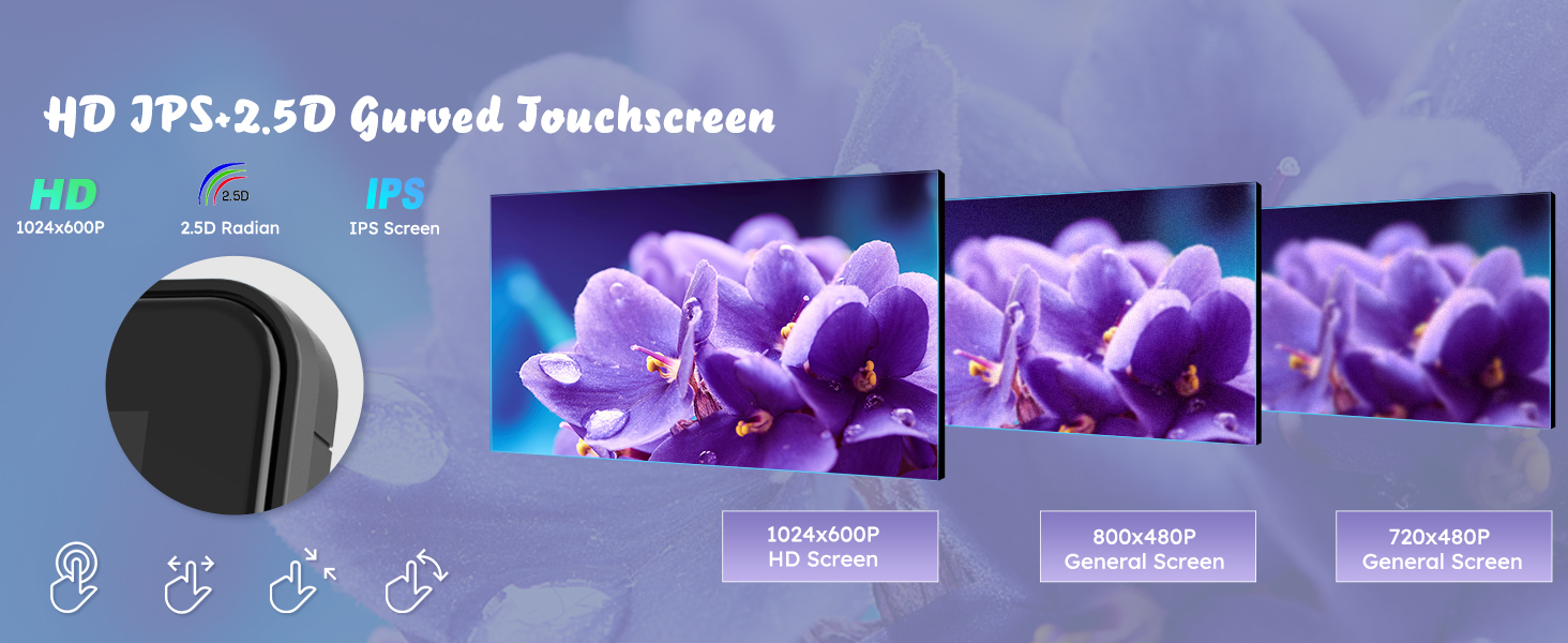 Text reads '4D JPS-25D Curved Touchscreen'. Curved touchscreen device with purple flower display demonstration, showing multiple viewing angles and color accuracy.