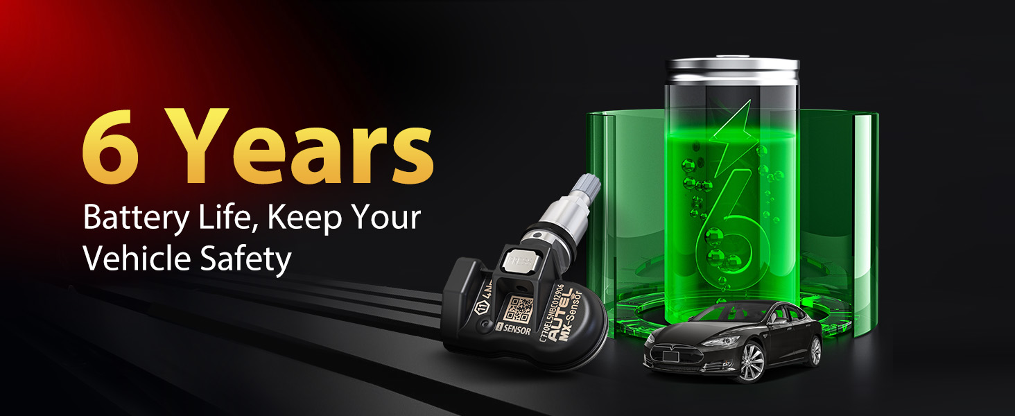 Car battery life advertisement showing 6-year warranty period, featuring a green illuminated battery display and car key fob silhouette.
