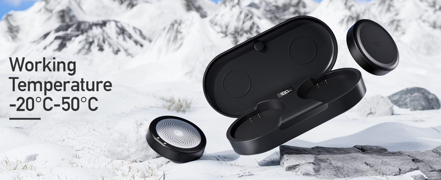 Black wireless earbuds with charging case on snowy background. Text indicates operating temperature range of -20°C to 50°C.