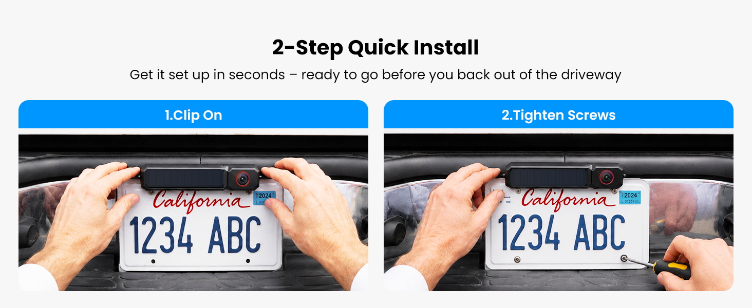 Text reads '2-Step Quick Install' and 'Do it and right-angled—simply peg registration provide and in thirty seconds.' License plate with numbers '1234 ABC' shown in two installation step photos.