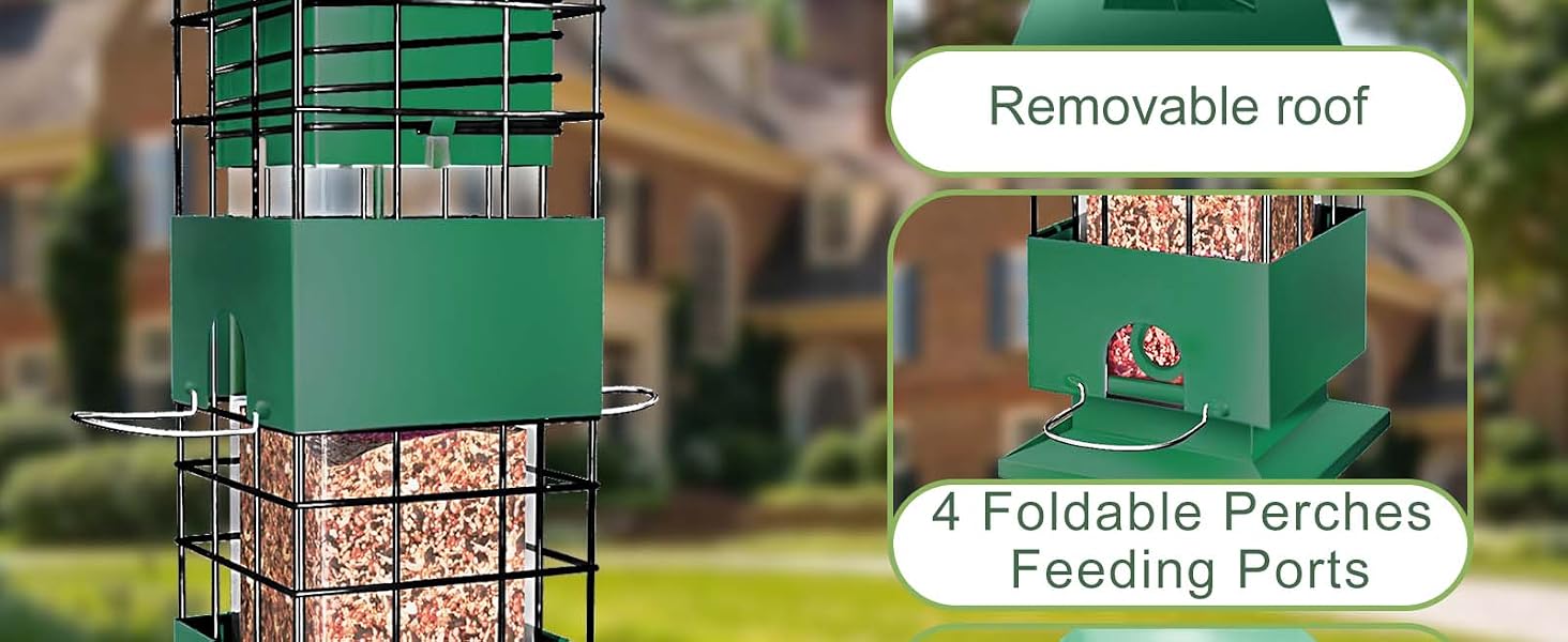 Text reads "Weight-Activated Mechanism" and "Feeding ports close automatically when a squirrel climbs on, keeping most squirrels out. Note: Not 100% effective against all squirrels, especially highly persistent ones." Green mesh bird feeder with weight-activated closure mechanism, shown from multiple angles with squirrel interaction demonstrations.