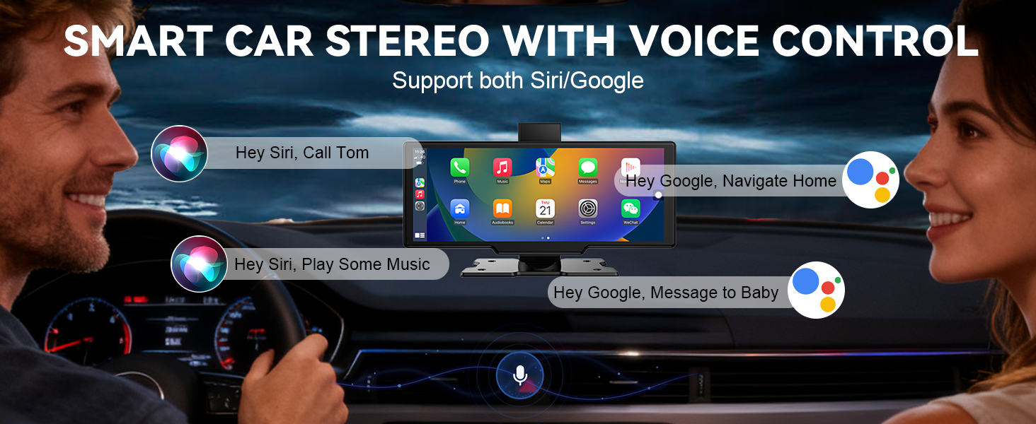 Text reads 'SMART CAR STEREO WITH VOICE CONTROL'. Car dashboard interface showing music player interface with touch controls and voice command indicators.