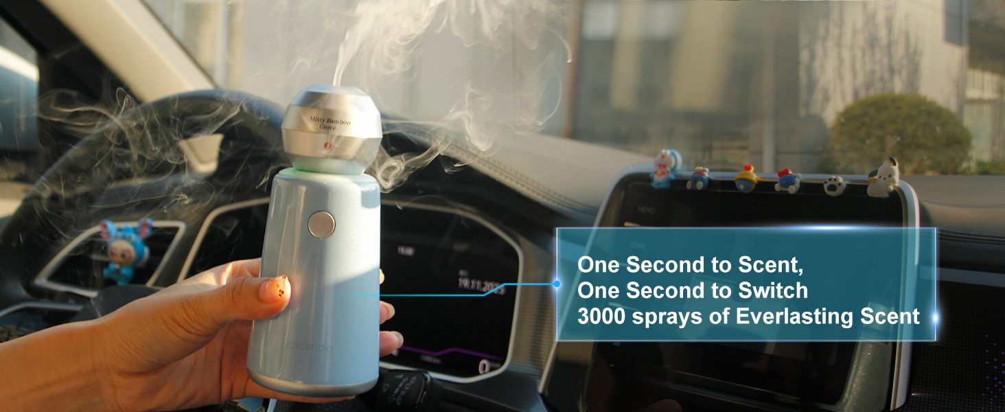 Text reads 'One Second to Scent, One Second to Switch, 3000 sprays of Everlasting Scent'. Car interior scene showing air freshener device mounted on dashboard.