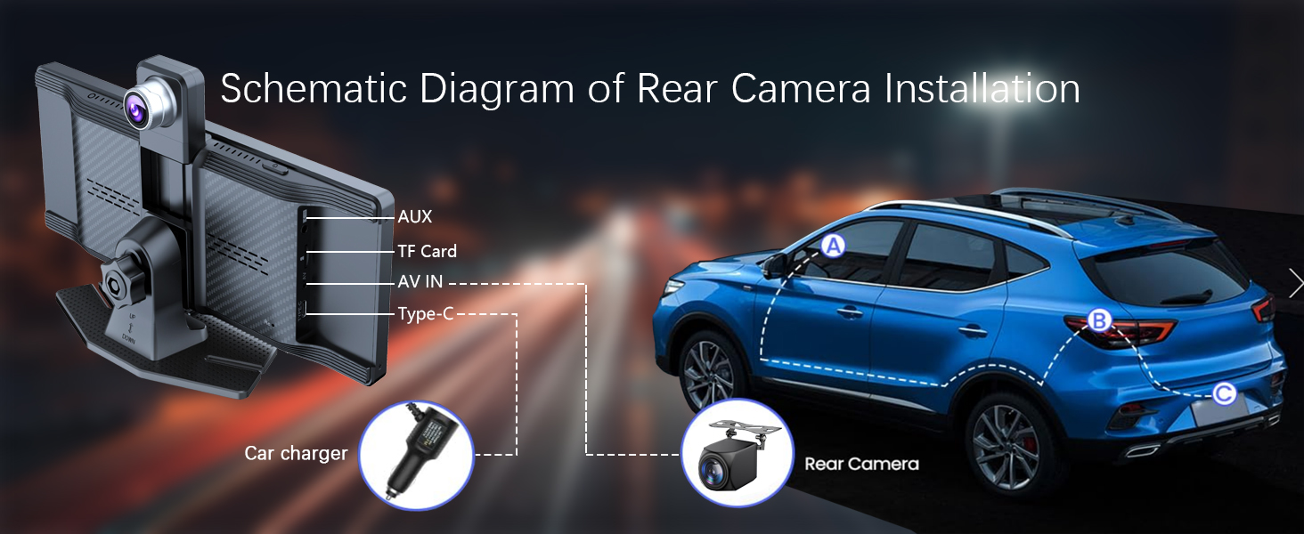 Technical diagram showing rear camera transmission system for a blue SUV with light beam indicators.