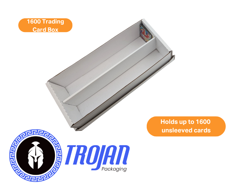 Text reads 'UV Protection Card Box' and 'Holds up to 1600 graded cards'. Trojan brand logo displayed. Clear plastic card storage box with hinged lid designed for collectible card protection and organization.