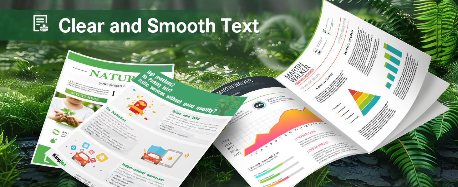 Marketing materials showing brochures or product sheets with graphs and text layouts displayed on green foliage background