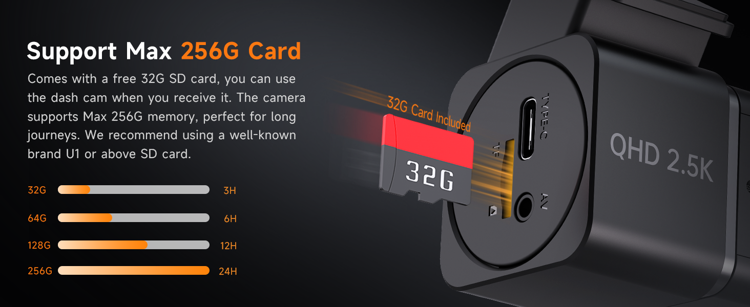Text reads 'Support Max 256G Card'. Black electronic device interface showing memory card slot with orange indicator bars.