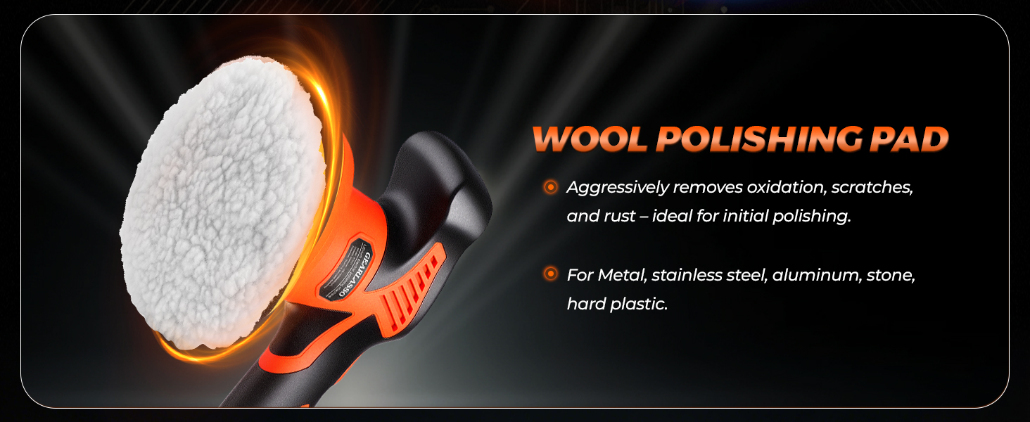 Wool polishing pad with orange handle, designed for metal polishing. Features white wool surface and ergonomic grip for metal, stainless steel, aluminum, and plastic surfaces.