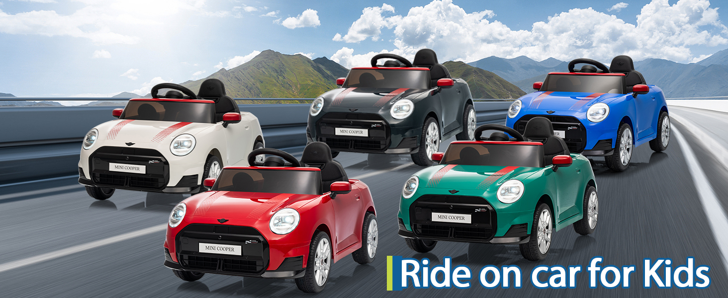 Text reads 'Ride on car for Kids'. Five colorful children's electric ride-on toy cars in white, black, blue, red, and green parked on outdoor road with cloudy sky background.