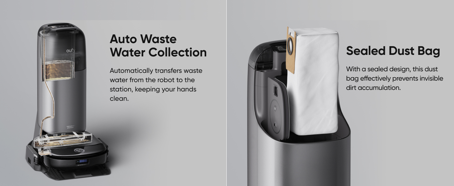 Split product image showing vacuum cleaner features: auto waste water collection system and sealed dust bag compartment in dark grey casing.
