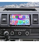Vertical touchscreen car infotainment display mounted in dashboard showing app icons including Maps, WhatsApp, Messaging, and various system applications with dark bezel frame in vehicle interior.