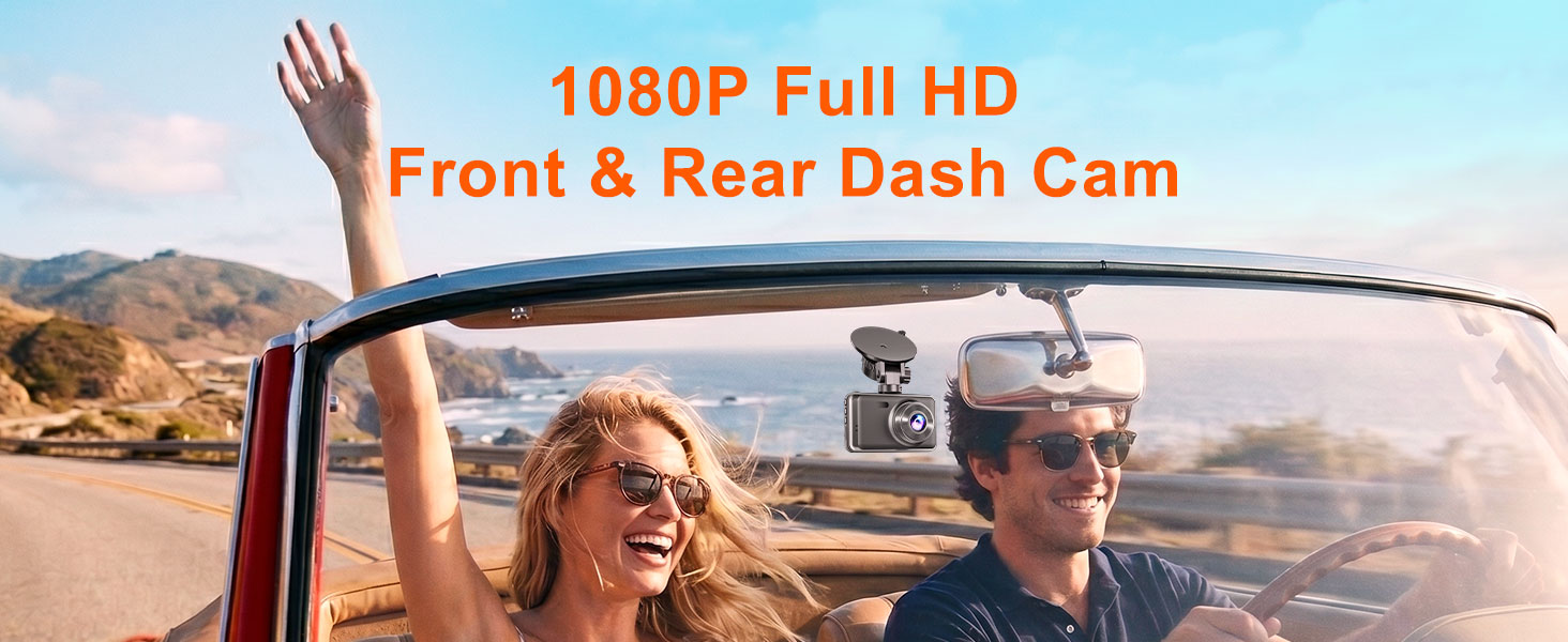 Text reads '1080P Full HD Front & Rear Dash Cam'. Image shows two people in vehicle with outdoor landscape background, representing dashboard camera product demonstration.