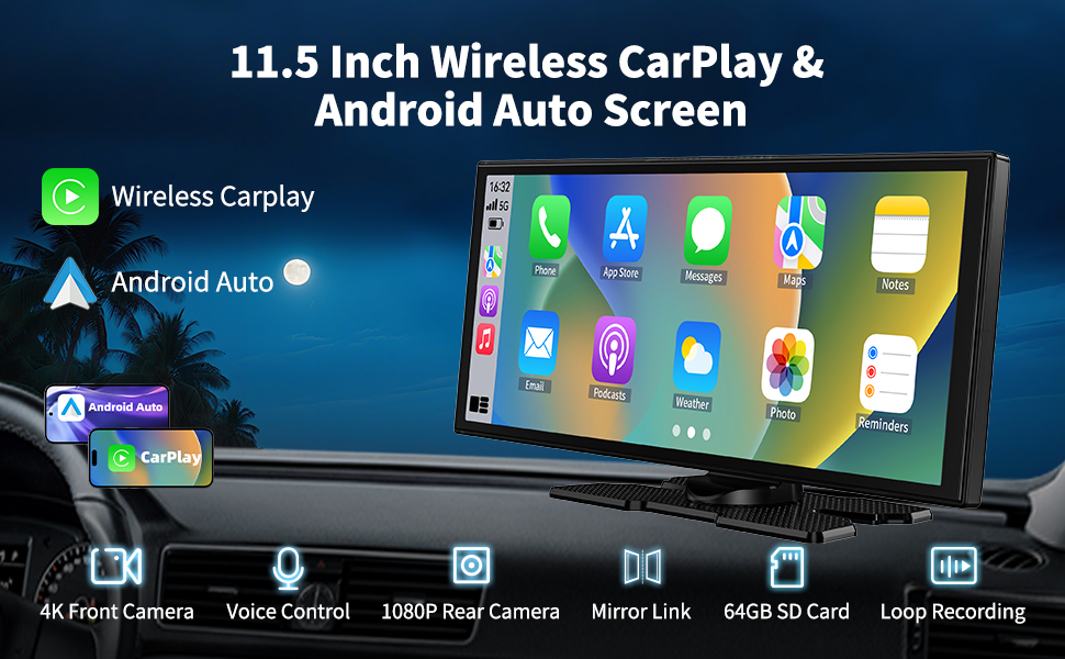 Text reads '11.5 inch Wireless CarPlay & Android Auto Screen'. Wide display showing various app icons including navigation, music, and phone functions.