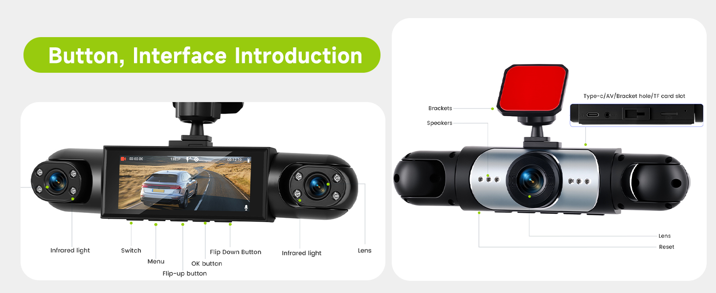 Text reads 'Button, Interface Introduction'. Technical diagram showing multiple views and specifications of what appears to be camera or electronic device interfaces and controls.