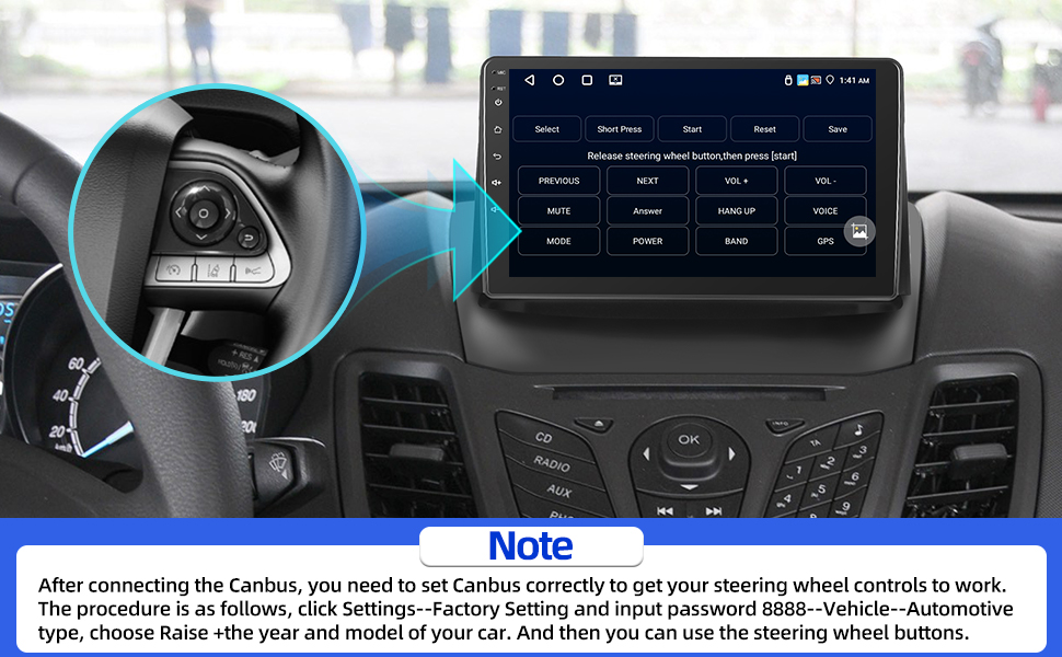 Car audio system interface showcasing 32-band equalizer, DSP, FM RDS radio, and WiFi hotspot features. Display includes equalizer graph, radio tuning screens, and car audio settings visualization.