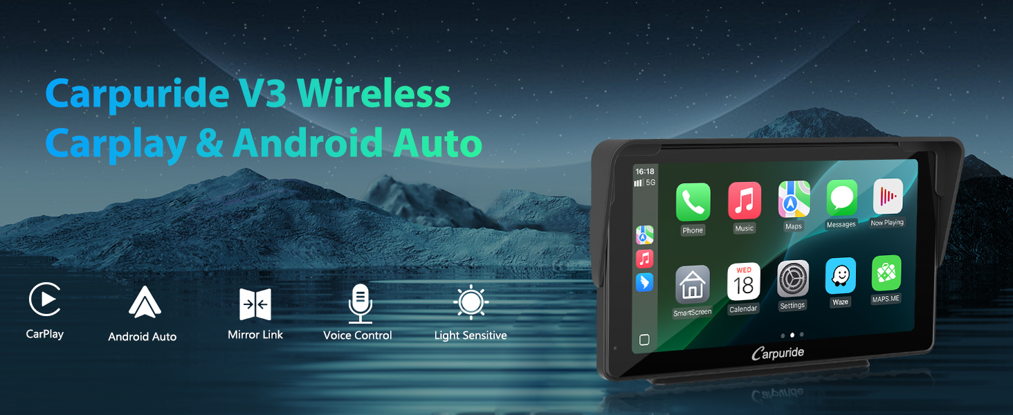 Wireless car display interface showcasing CarPlay and Android Auto compatibility. Device features a large touchscreen with app icons and navigation options visible.