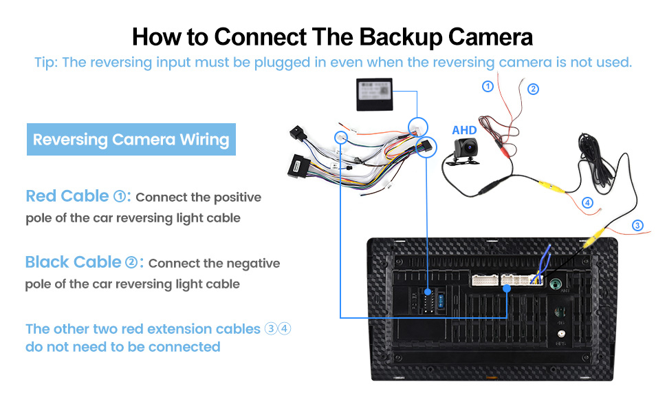 Text reads 'How to Connect The Backup Camera'. Technical diagram showing wiring connections between camera, power source, and display screen with labeled steps and components.