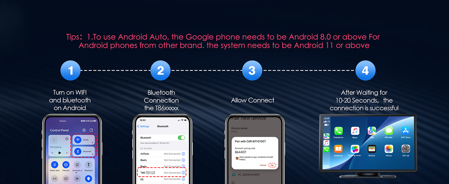 Four smartphone screenshots showing different app interfaces. Text above mentions Android Auto and Google phone setup. Icons and menu options visible in the images.
