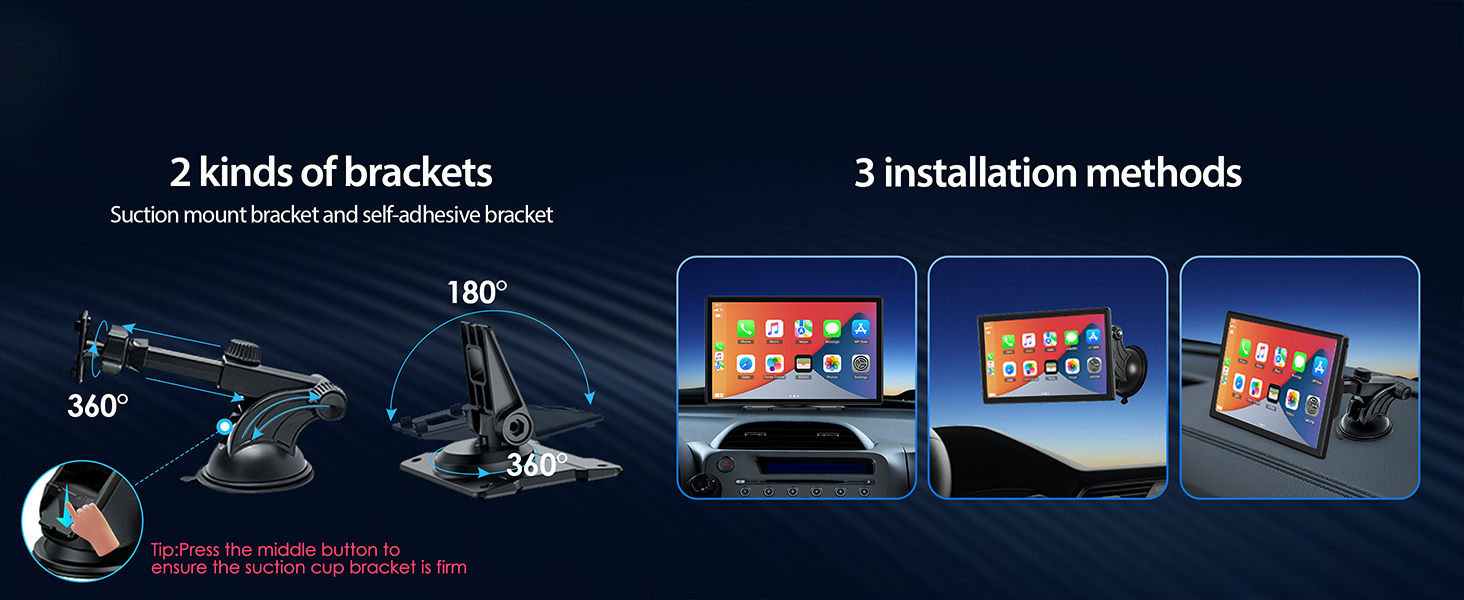 Infographic showing TV mount brackets with 180° and 360° rotation. Three installation methods depicted for wall-mounted televisions.