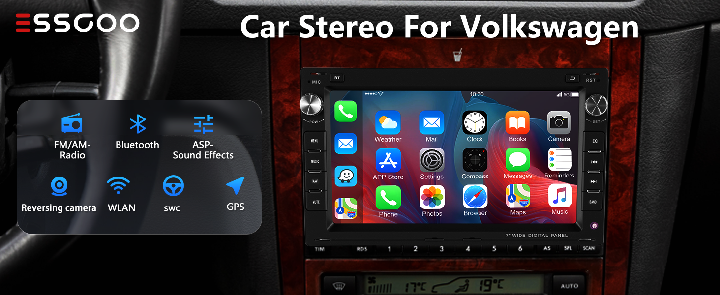 Text reads "ssoop" and "Car Stereo For Volkswagen". Dashboard display unit with touchscreen showing colorful app icons and control buttons on left panel.