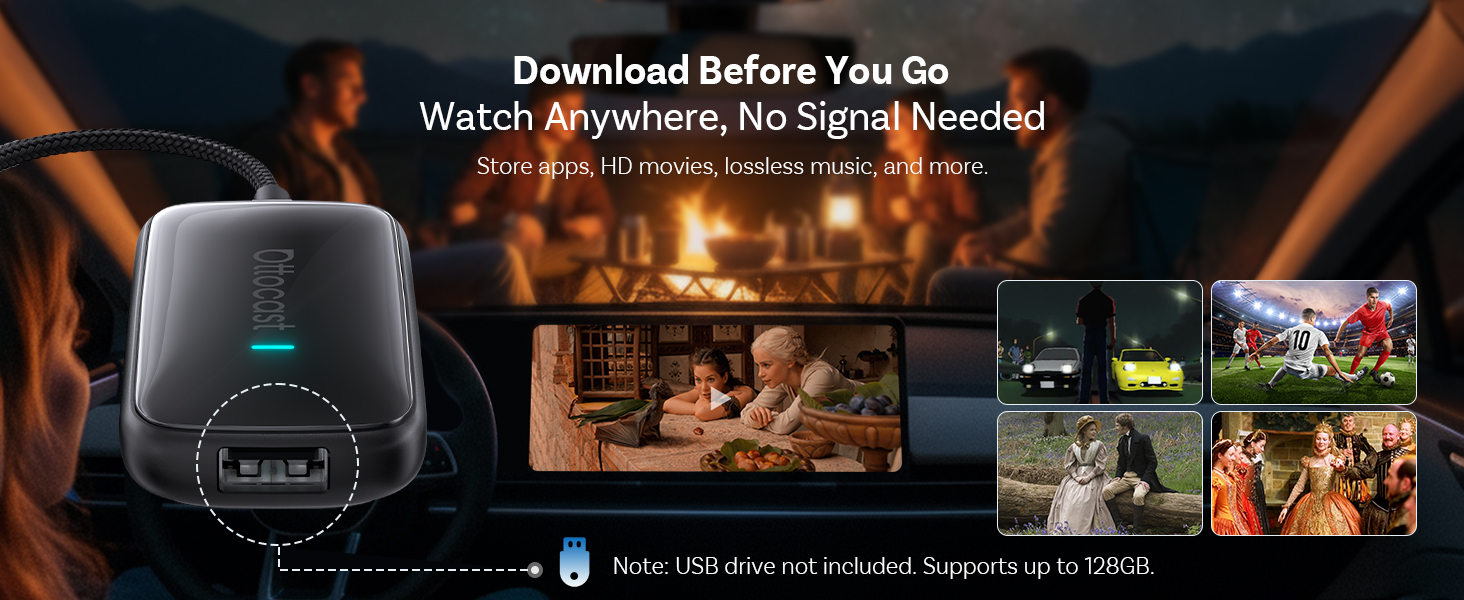 Text reads 'Download Before You Go', 'Watch Anywhere, No Signal Needed'. Marketing banner showing various entertainment content thumbnails and viewing device interfaces.