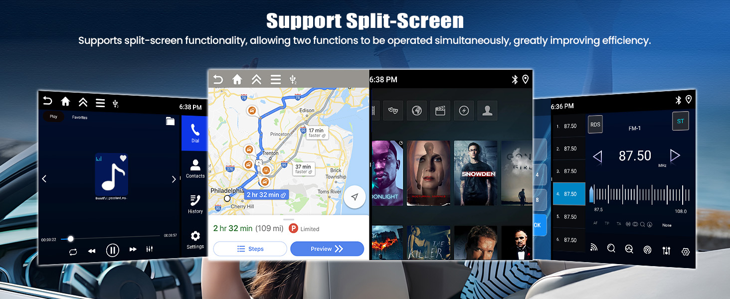 Text reads 'Support Split-Screen'. Multiple smartphone interface screenshots showing split-screen functionality with maps, music players, and navigation features.