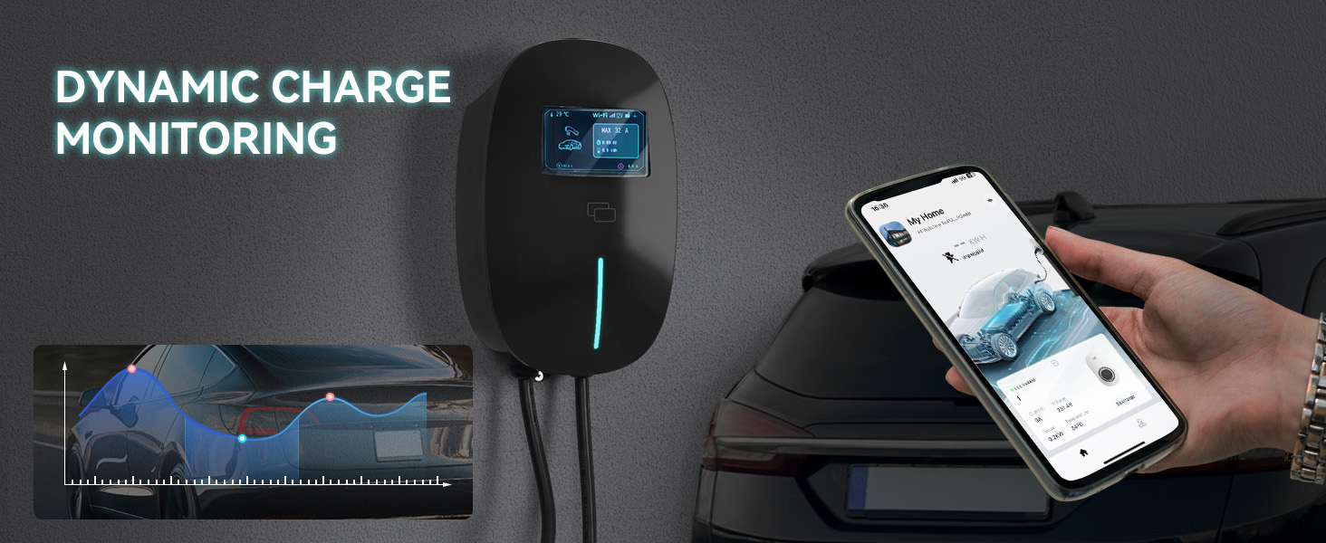 Text reads 'DYNAMIC CHARGE MONITORING'. Black charging cable with blue accent connected to wall outlet, smartphone displaying charge monitoring app interface held in hand showing real-time battery data and graph.