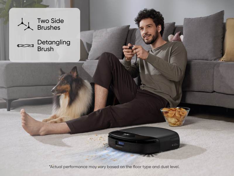 Robot vacuum cleaner advertisement showing device on carpet, with icons indicating two-side brushes and detangling brush features.